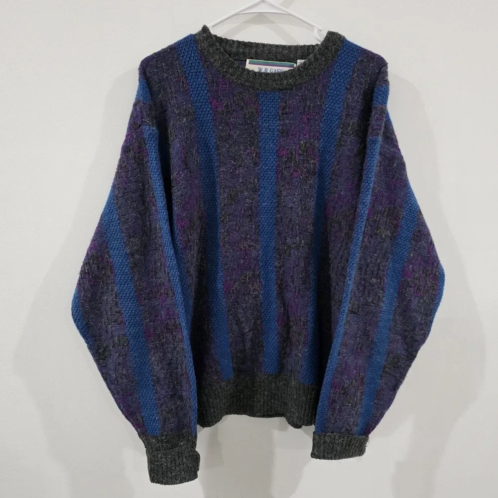 Vintage Mens Cosby Sweater Size XL Purple Blue Knit Retro Striped‎ Crew Neck